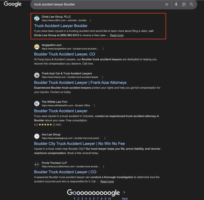 Google results for truck accident lawyer boulder showing a client firm ranking first