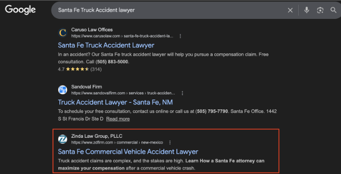 Google results for santa fe truck accident lawyer showing a client firm on page one