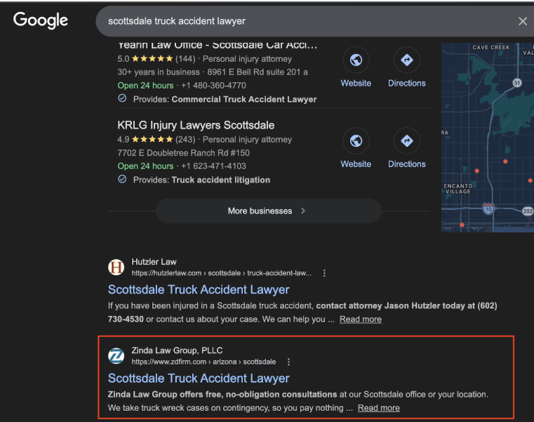 Google results for scottsdale truck accident lawyer showing a client firm on page one