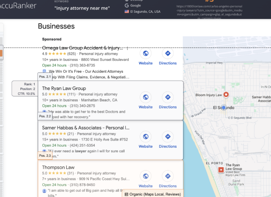 AccuRanker map pack tracking for injury attorney near me in El Segundo