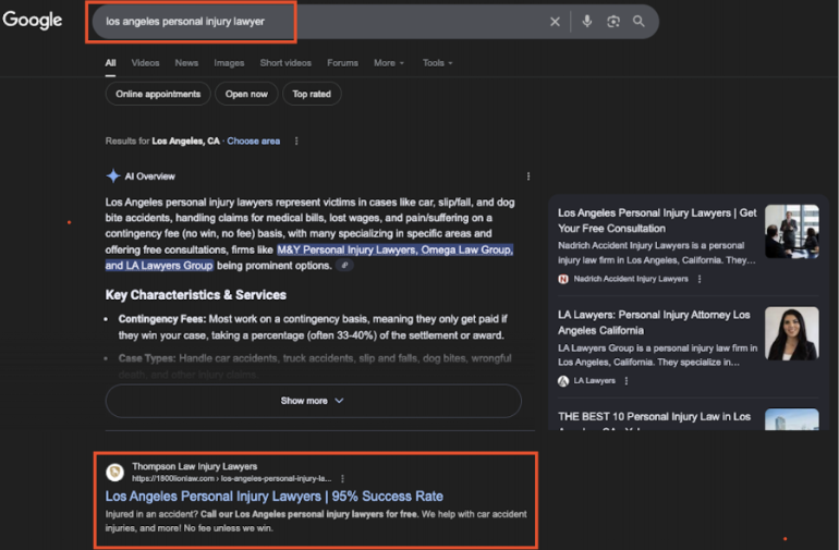 Google results for los angeles personal injury lawyer showing Thompson Law on page one
